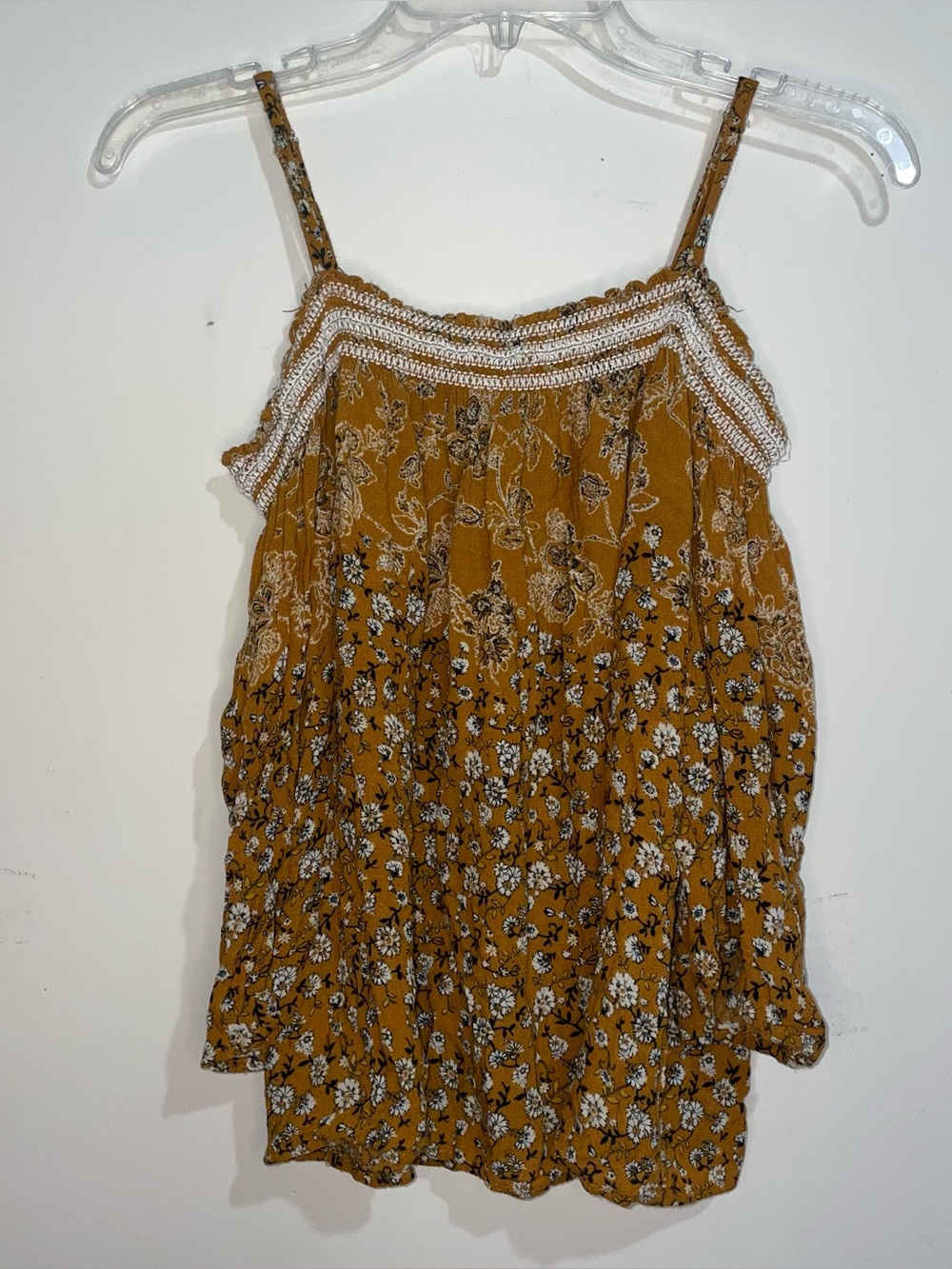 Rewind Mustard Yellow Floral Elastic Neckline Off Shoulder Flare Sleeve S Top